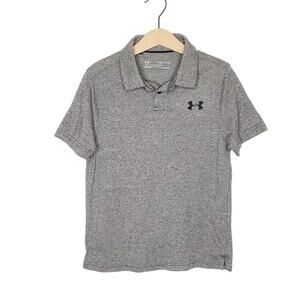 Under Armour Heathered Gray Polo Shirt Black Logo Boys Small